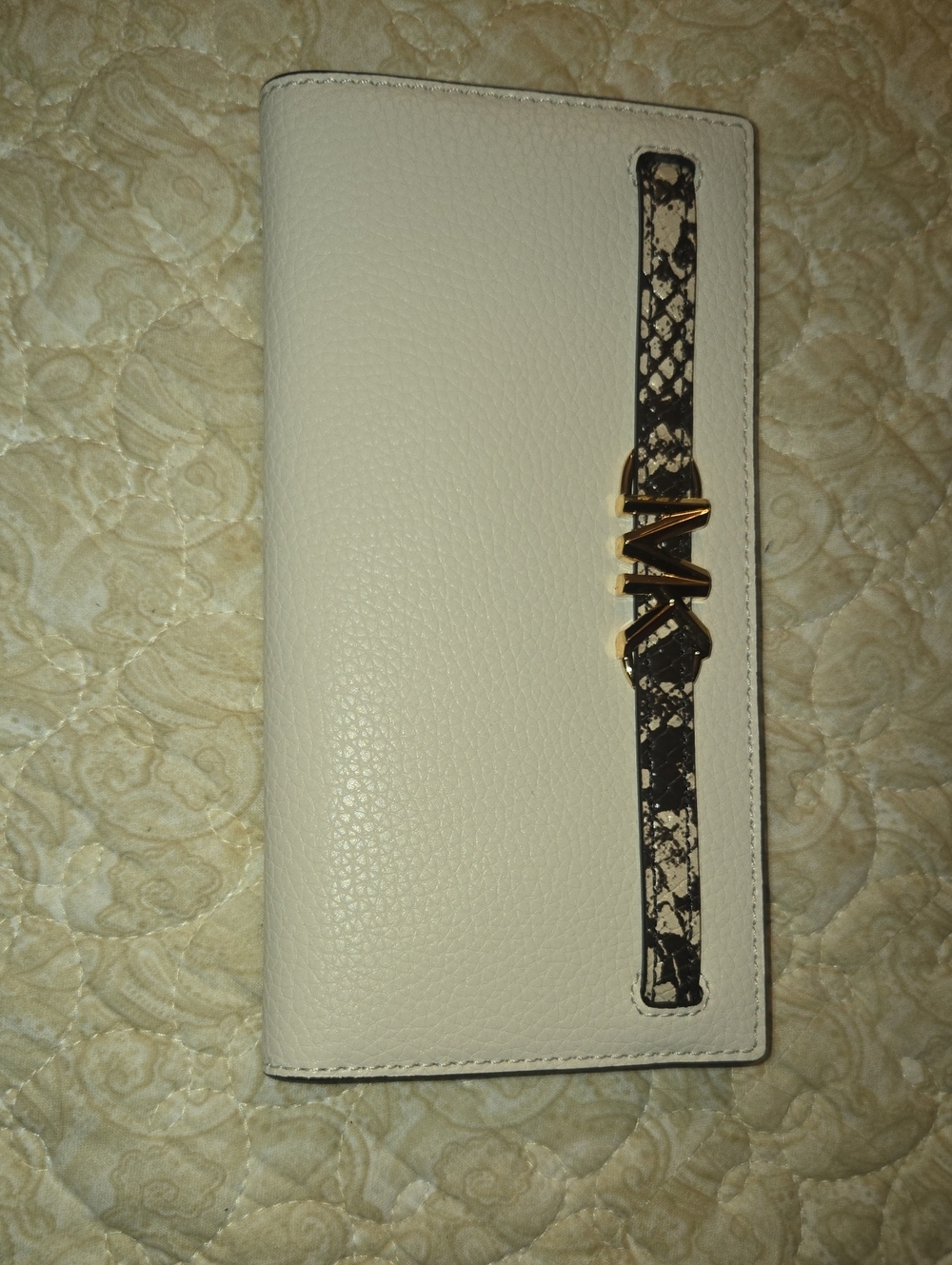 MK Cream Women's Long Wallet with Black Accent and Gold Hardware